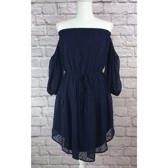 Symphony Size Medium Navy Blue Off The Shoulder Layered Eyelet Dress NWT - Picture 3 of 9